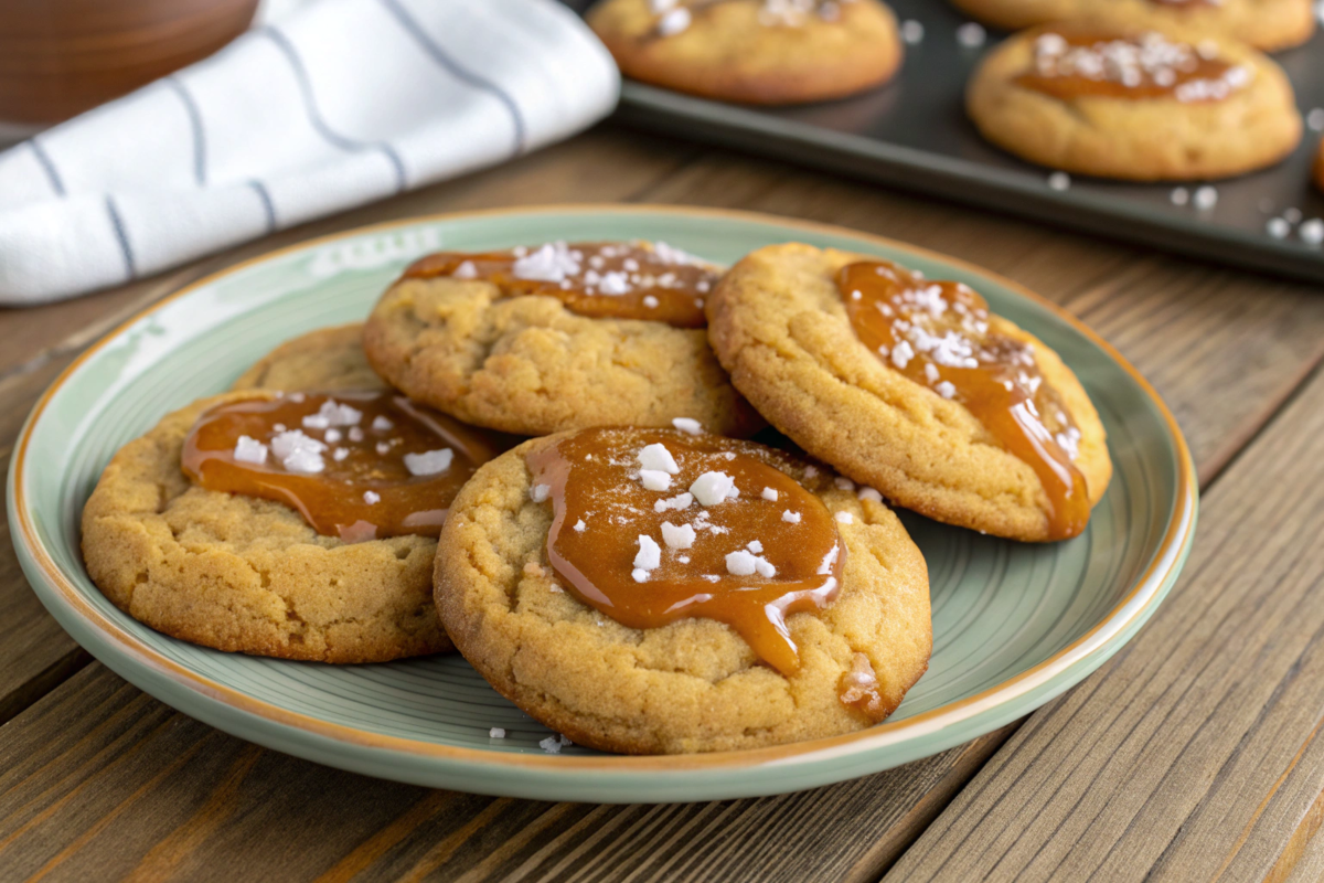 Golden-brown salted caramel cookies with gooey caramel centers, topped with flaky sea salt, arranged on a plate for a sweet-salty dessert.