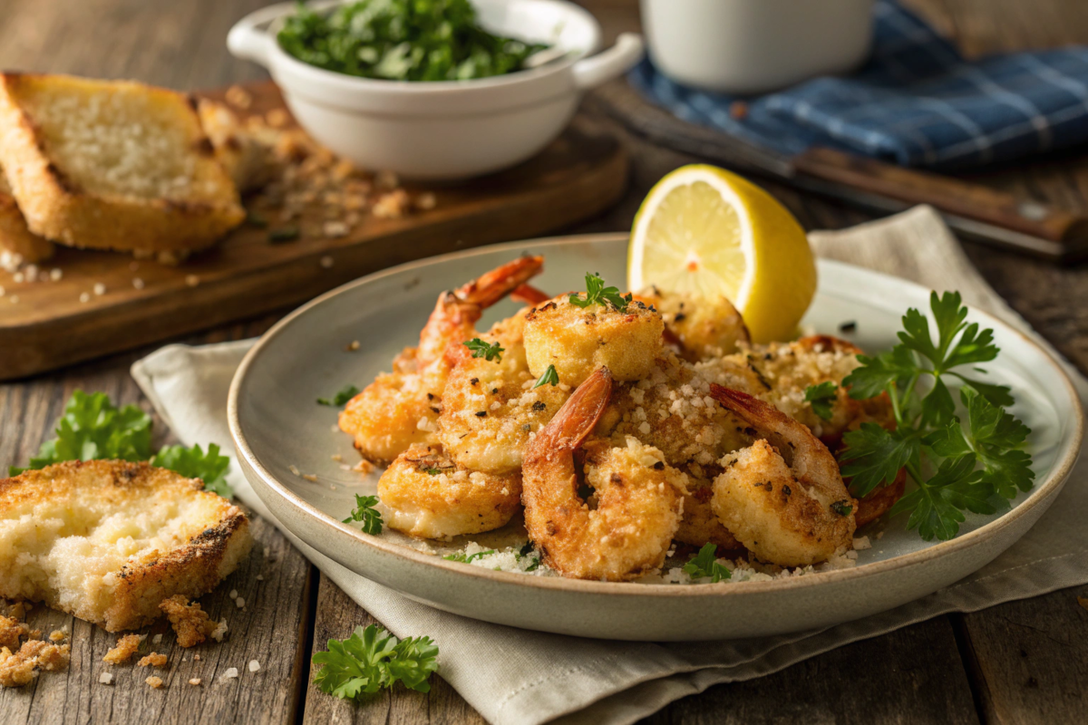 A baking sheet of garlic Parmesan roasted shrimp, golden and crispy, garnished with fresh parsley and served with lemon wedges.