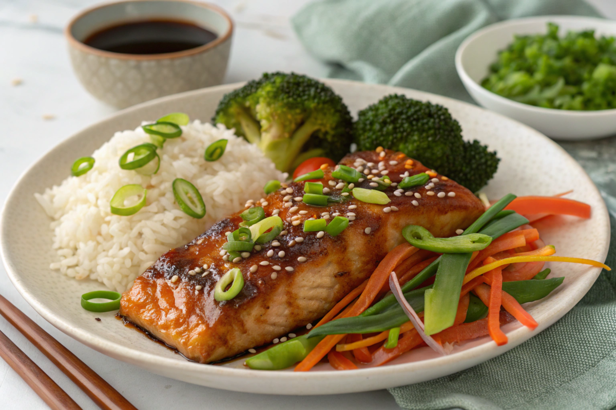 Asian Glazed Baked Fish topped with soy-ginger glaze, sesame seeds, and green onions, served with rice and steamed vegetables.