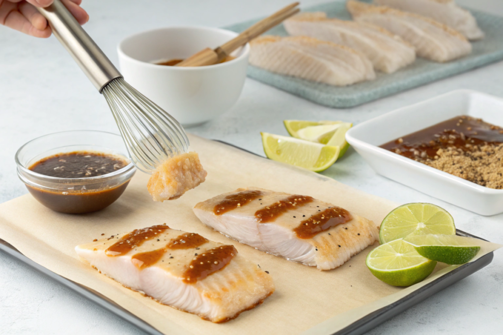 Asian Glazed Baked Fish topped with soy-ginger glaze, sesame seeds, and green onions, served with rice and steamed vegetables.






