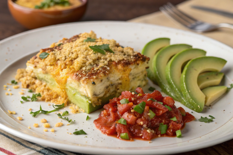 Chorizo Breakfast Casserole with melted cheese, potatoes, and garnished with cilantro, served with avocado slices and salsa.