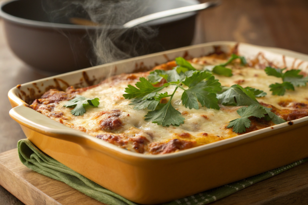 Chorizo Breakfast Casserole with melted cheese, potatoes, and garnished with cilantro, served with avocado slices and salsa.