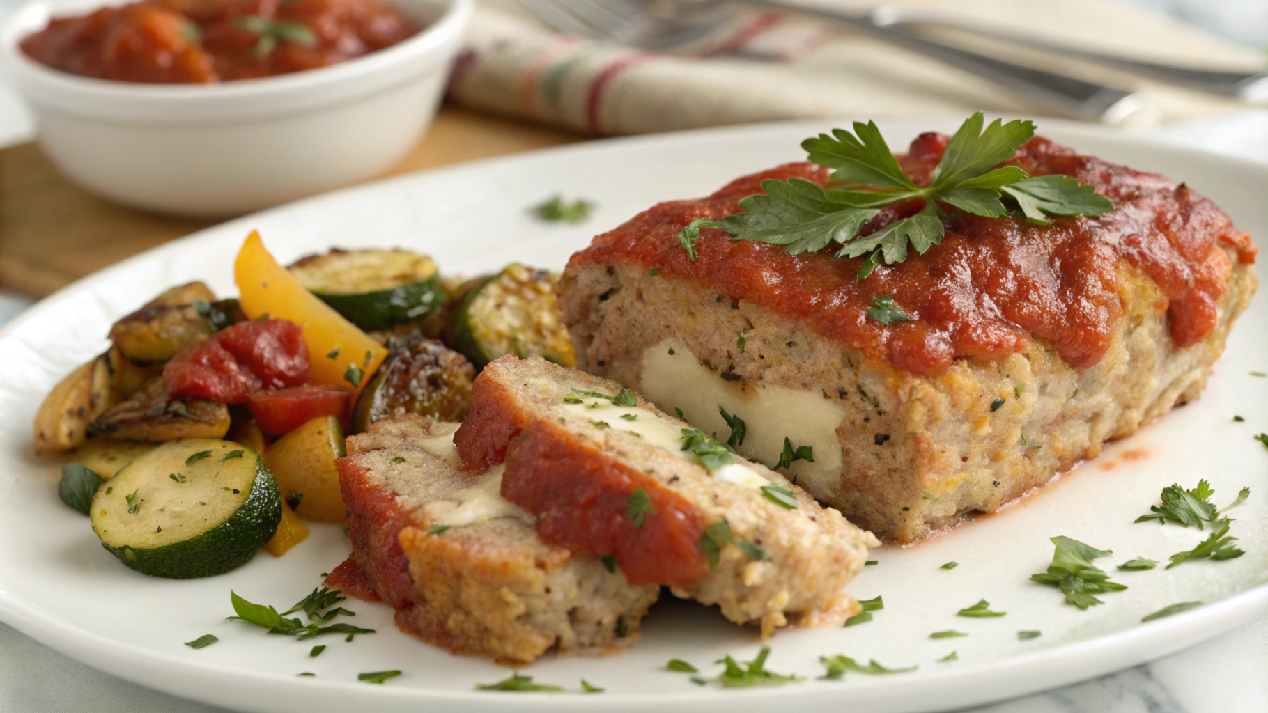 Close-up of Chicken Cordon Bleu Meatloaf showing layers of ground chicken, ham, cheese, and marinara sauce, garnished with parsley