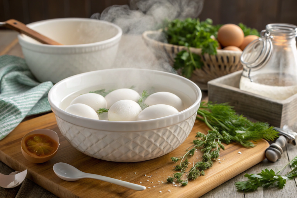 Loaded deviled eggs served on a decorative platter, topped with bacon, cheese, and chives, perfect for appetizers at parties.






