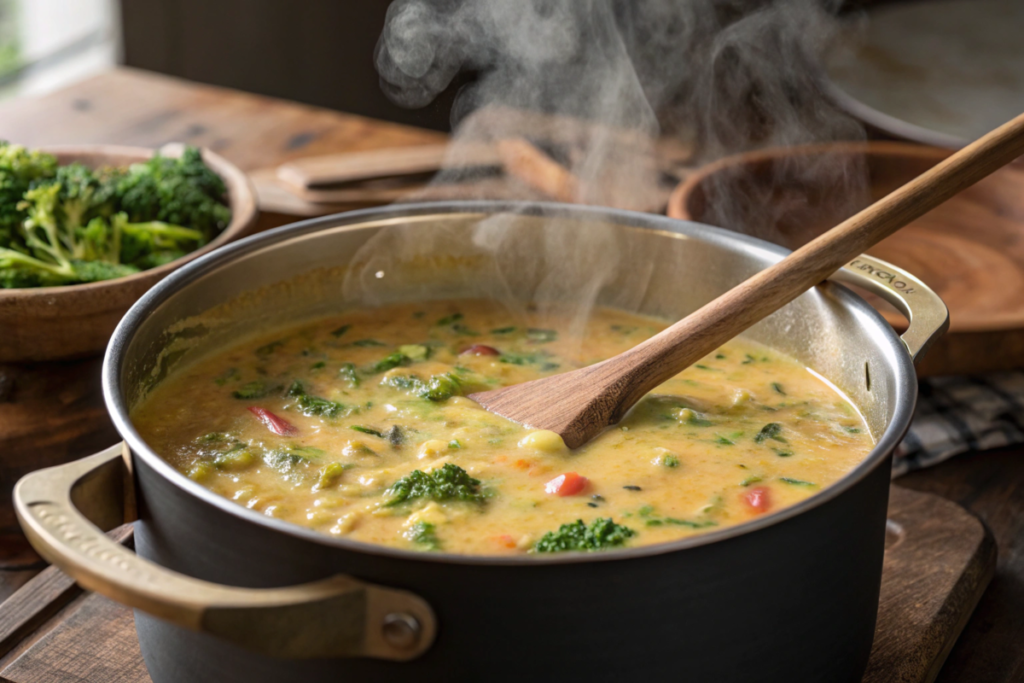 A steaming bowl of Potato Broccoli Cheddar Soup topped with melted cheese and croutons, served with crusty bread.