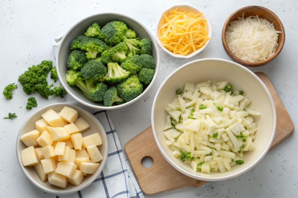 A steaming bowl of Potato Broccoli Cheddar Soup topped with melted cheese and croutons, served with crusty bread.