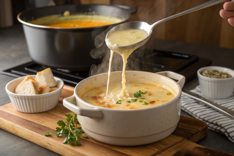 A bowl of creamy broccoli cauliflower cheese soup garnished with parsley and served with crusty bread.