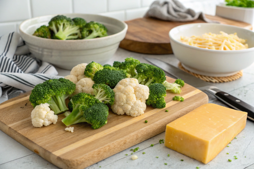 A bowl of creamy broccoli cauliflower cheese soup garnished with parsley and served with crusty bread.