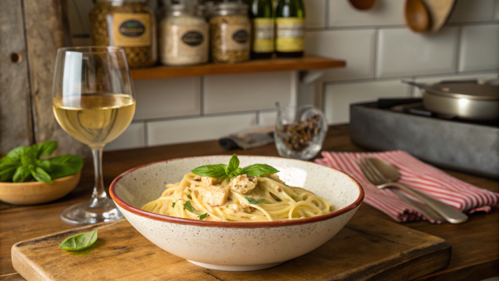 Plate of creamy chicken spaghetti with fresh herbs and a sprinkle of Parmesan on top, served for dinner.