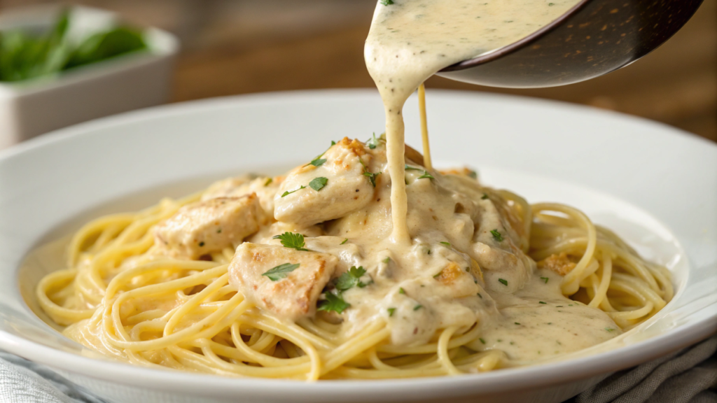 Plate of creamy chicken spaghetti with fresh herbs and a sprinkle of Parmesan on top, served for dinner.