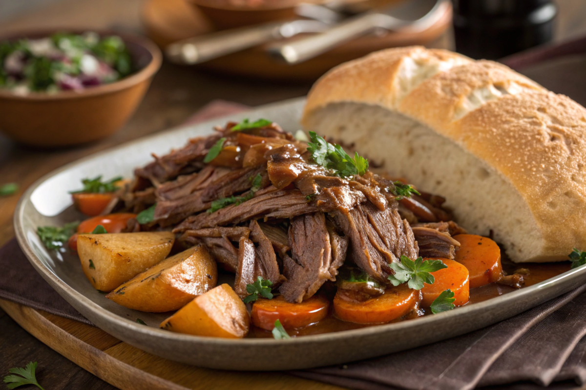 Best steak to cook in a slow cooker featuring tender chuck steak surrounded by rich broth, vegetables, and garnished with fresh herbs.