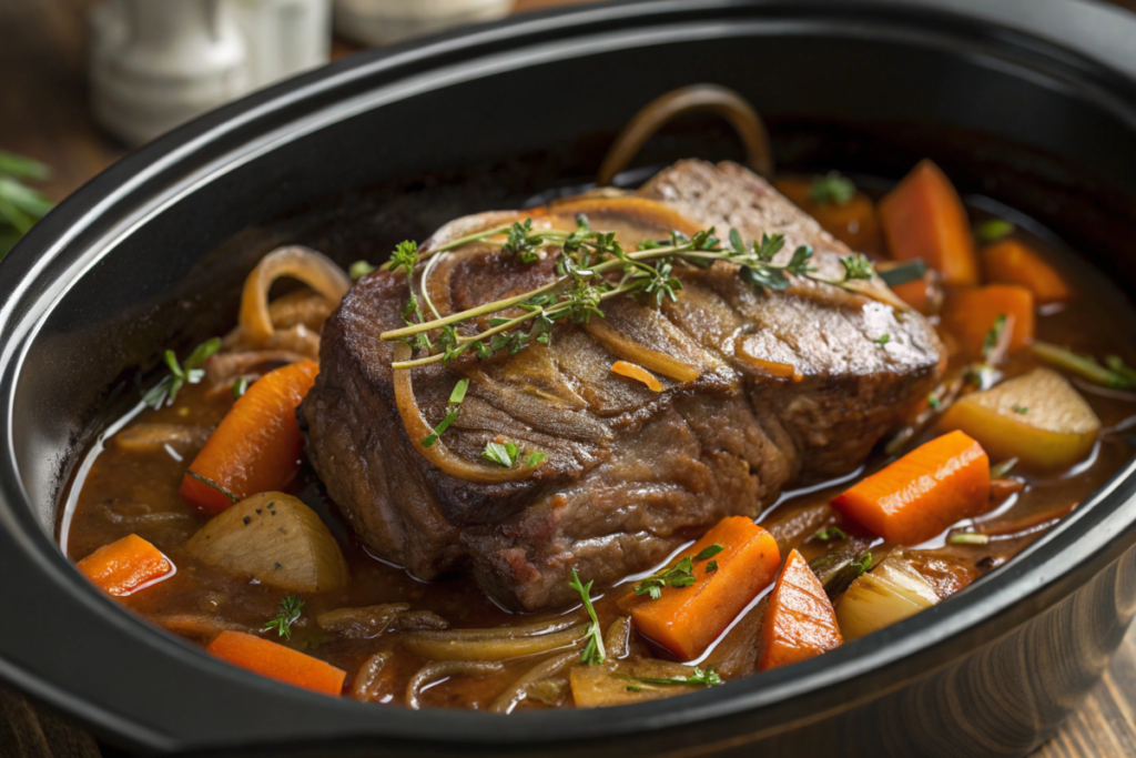 Best steak to cook in a slow cooker featuring tender chuck steak surrounded by rich broth, vegetables, and garnished with fresh herbs.






