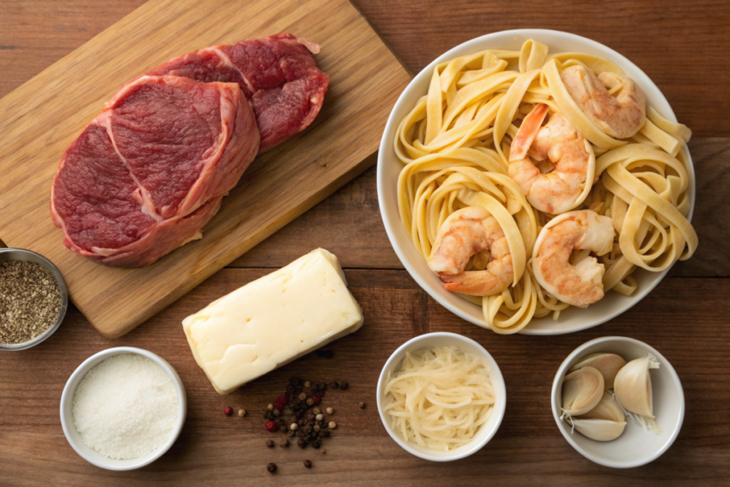 A plate of Cajun Surf & Turf Alfredo featuring creamy fettuccine pasta topped with seared steak slices and shrimp, garnished with fresh parsley.






