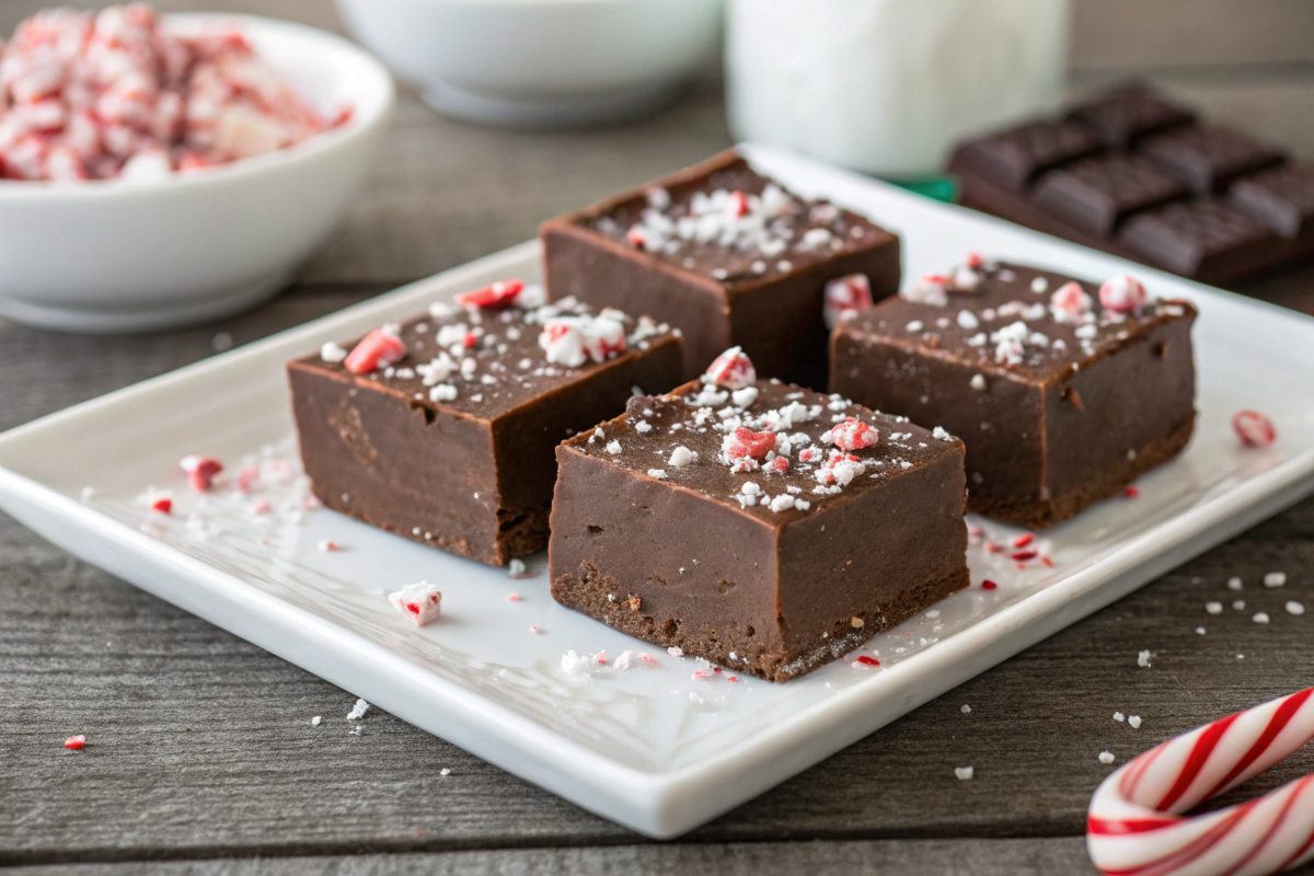 A square of hot chocolate fudge cut into neat cubes, arranged on a white plate, topped with crushed peppermint candies and a sprinkle of flaky sea salt.