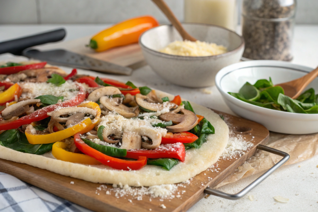 Freshly baked No-Egg Breakfast Casserole with a golden crust, filled with vegetables, potatoes, and cheese, served with fresh fruit.





