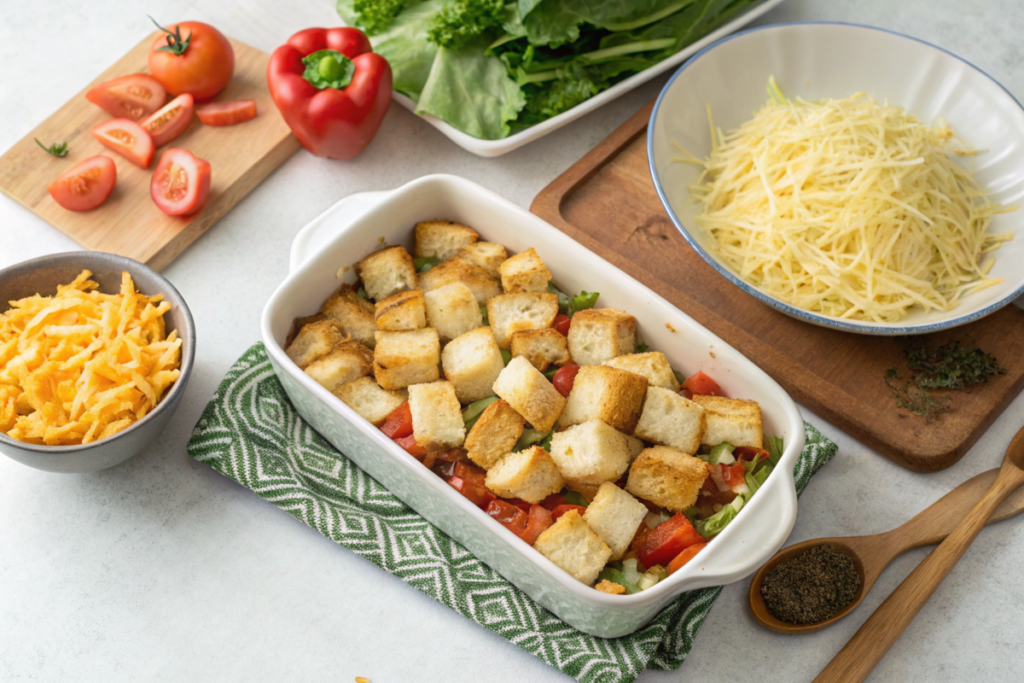 Freshly baked No-Egg Breakfast Casserole with a golden crust, filled with vegetables, potatoes, and cheese, served with fresh fruit.





