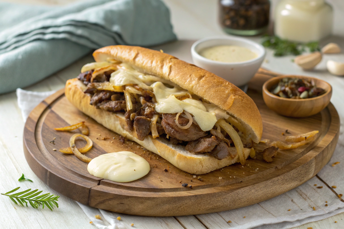 Sauce for Philly cheesesteak featuring a freshly made sandwich with melted cheese and a drizzle of garlic aioli, served on a rustic board.