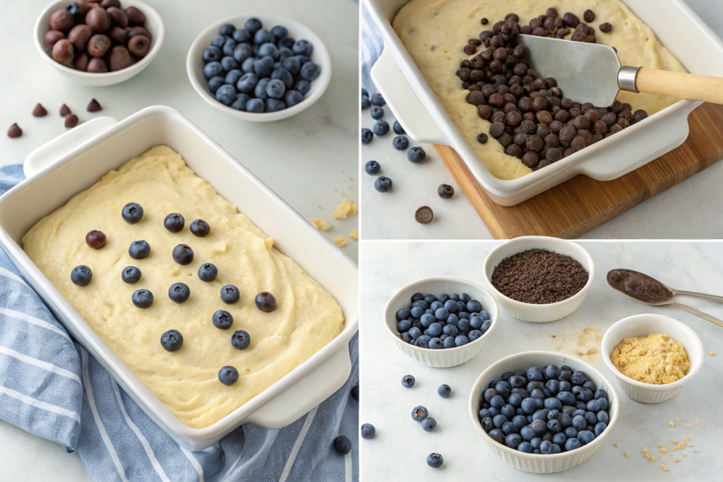 A step-by-step shot of the casserole dish being layered with batter, topped with fresh blueberries and a sprinkle of chocolate chips.