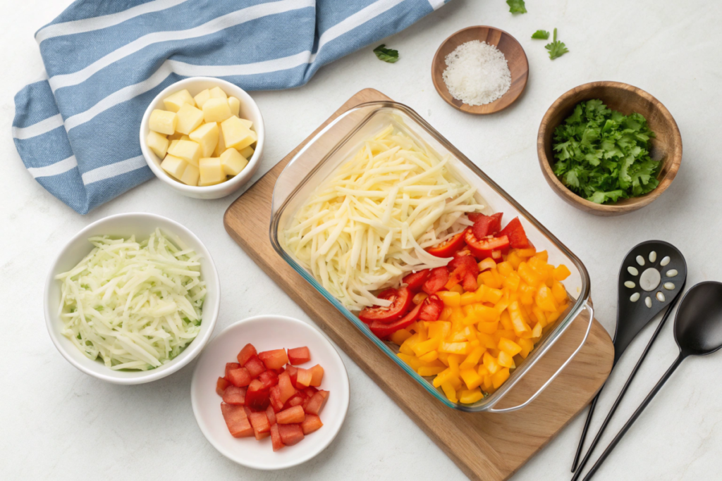 Golden-brown Egg-Free Breakfast Casserole with layers of potatoes, vegetables, and melted cheese, served warm with fresh herbs on top.






