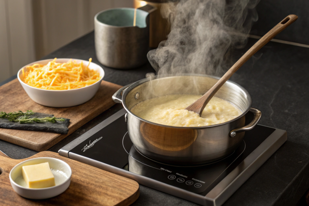 Golden-brown Breakfast Grits Casserole, topped with melted cheese and garnished with fresh parsley, served warm for a hearty breakfast.





