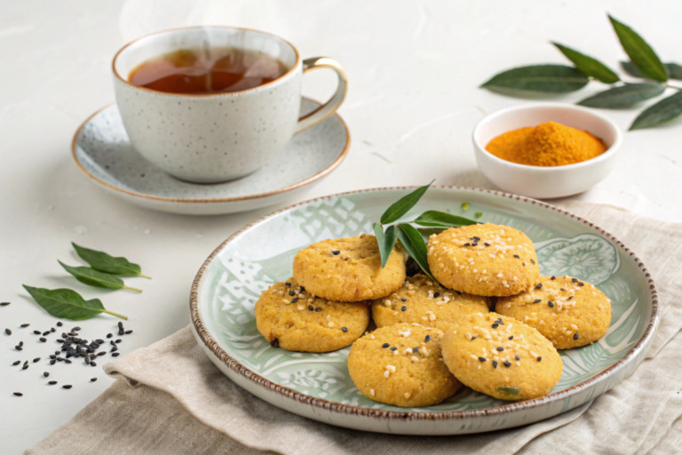 Salted egg yolk cookies on a tray with golden-brown edges, paired with a cup of tea and garnished with sesame seeds.