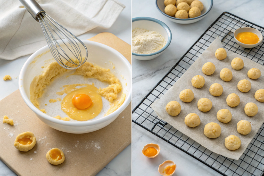  Salted egg yolk cookies on a tray with golden-brown edges, paired with a cup of tea and garnished with sesame seeds.




