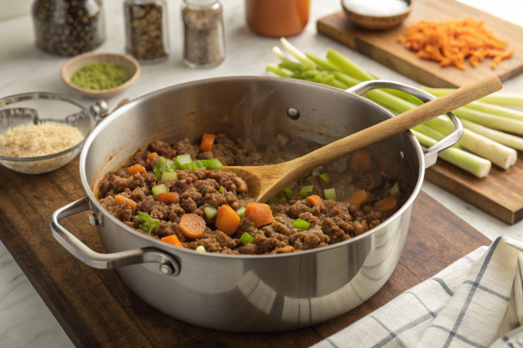 A hearty bowl of pot macaroni cheeseburger soup, featuring tender pasta, creamy cheese broth, and ground beef, garnished with shredded cheddar and bacon