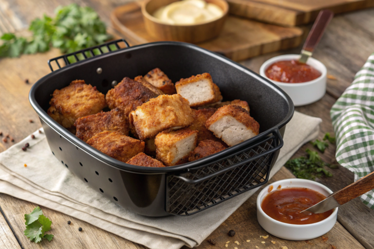 Golden, crispy pork belly slices with crunchy crackling skin, garnished with fresh herbs and served on a wooden cutting board.