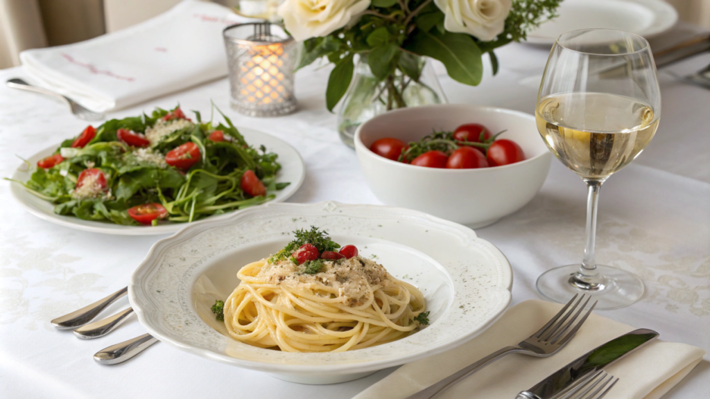 A beautifully plated dish of creamy spaghetti topped with parmesan cheese and fresh parsley, served on a white plate with a rustic wooden backdrop.






