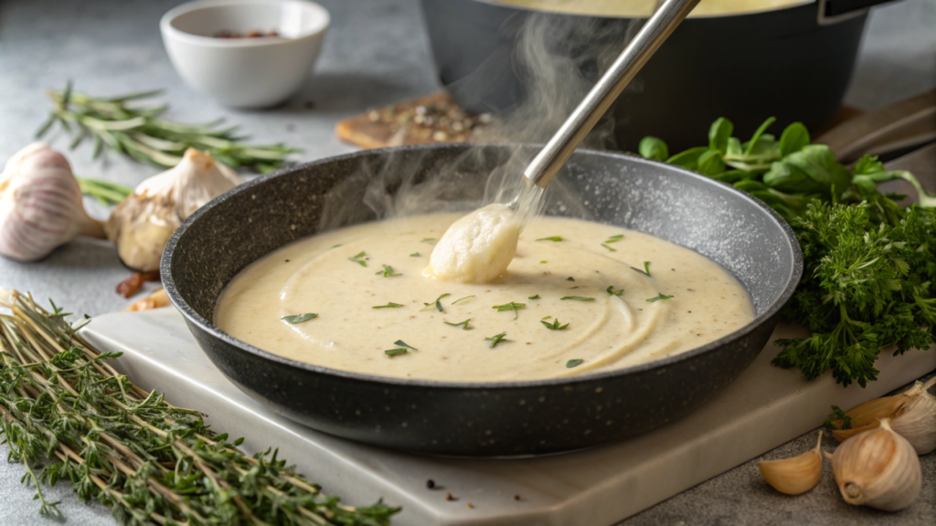 A beautifully plated dish of creamy spaghetti topped with parmesan cheese and fresh parsley, served on a white plate with a rustic wooden backdrop.






