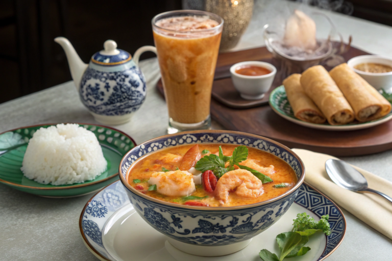 A vibrant bowl of spicy coconut shrimp soup with shrimp, creamy coconut broth, herbs, and lime, served on a wooden table with fresh ingredients nearby.