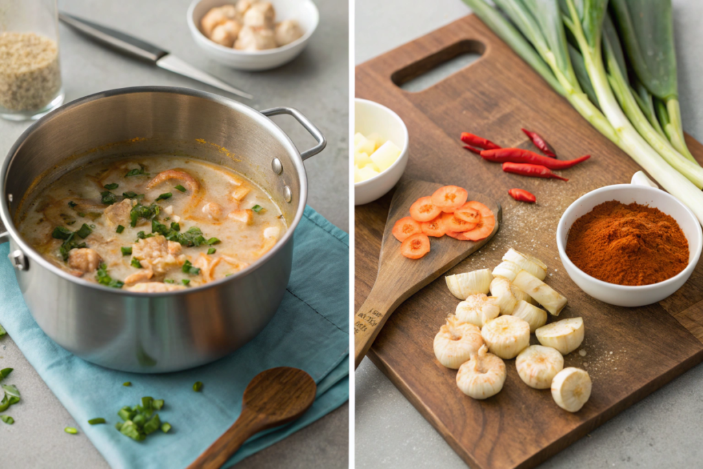 A vibrant bowl of spicy coconut shrimp soup with shrimp, creamy coconut broth, herbs, and lime, served on a wooden table with fresh ingredients nearby.