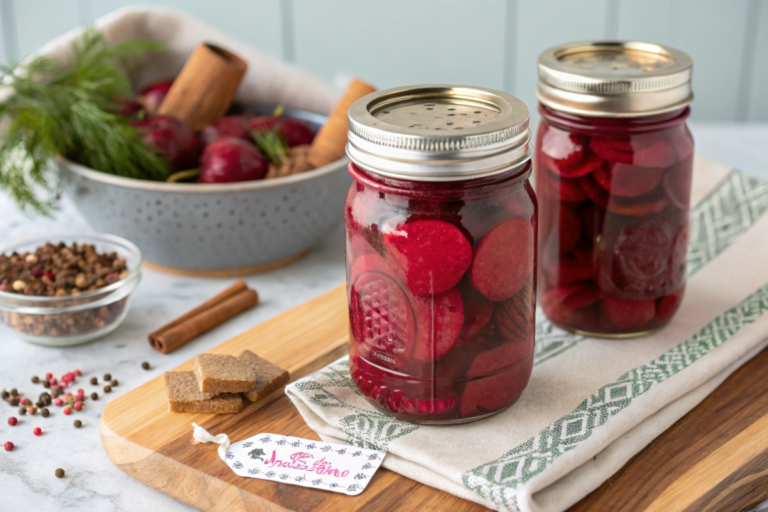 A mason jar filled with homemade pickled beets in a sweet and tangy brine, surrounded by fresh beets and spices on a rustic table.