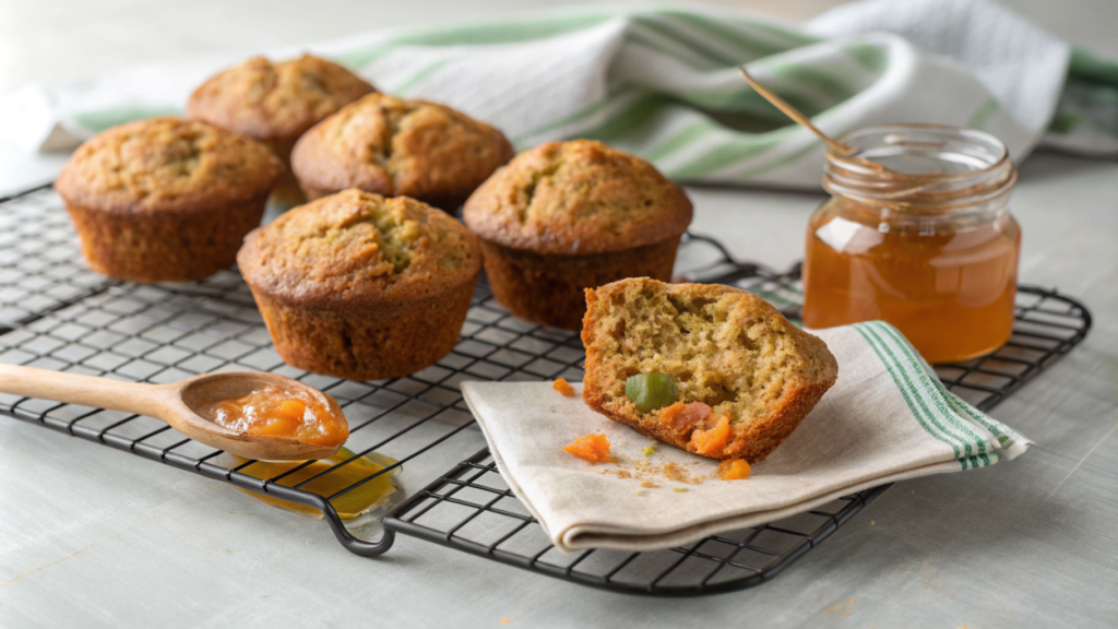 Freshly baked carrot zucchini muffins on a wooden table.