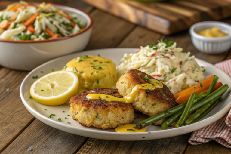 Golden brown Cheddar Bay crab cakes served on a plate with lemon wedges, parsley garnish, and a side of creamy remoulade sauce.