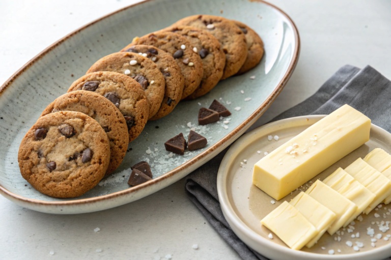 Chocolate chip cookies displayed with salted and unsalted butter sticks, illustrating the debate on butter choice for baking.