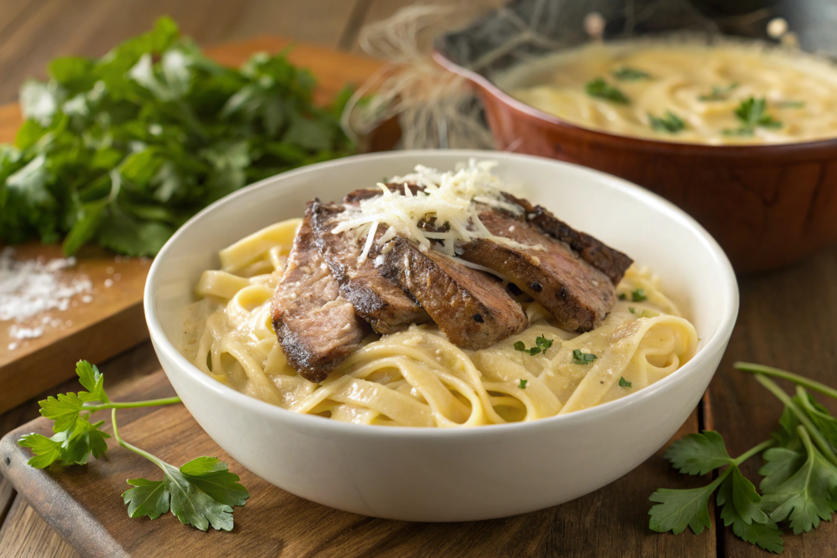 A hearty plate of Spicy Cajun Steak with Creamy Alfredo Pasta, with tender steak slices on creamy fettuccine and garnished with fresh parsley.