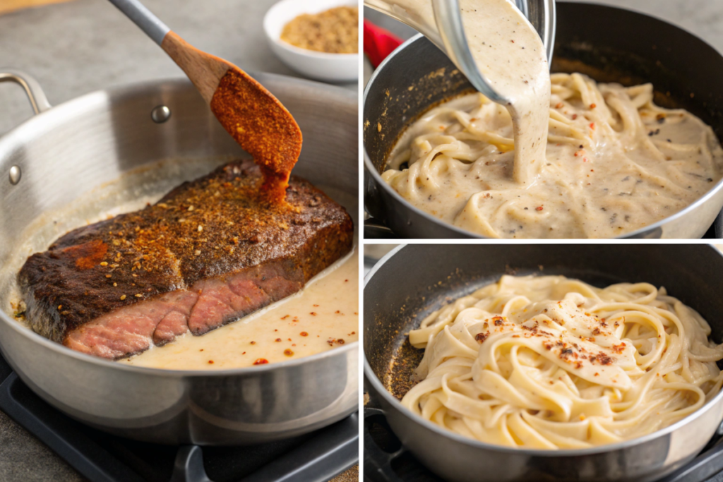 A hearty plate of Spicy Cajun Steak with Creamy Alfredo Pasta, with tender steak slices on creamy fettuccine and garnished with fresh parsley.






