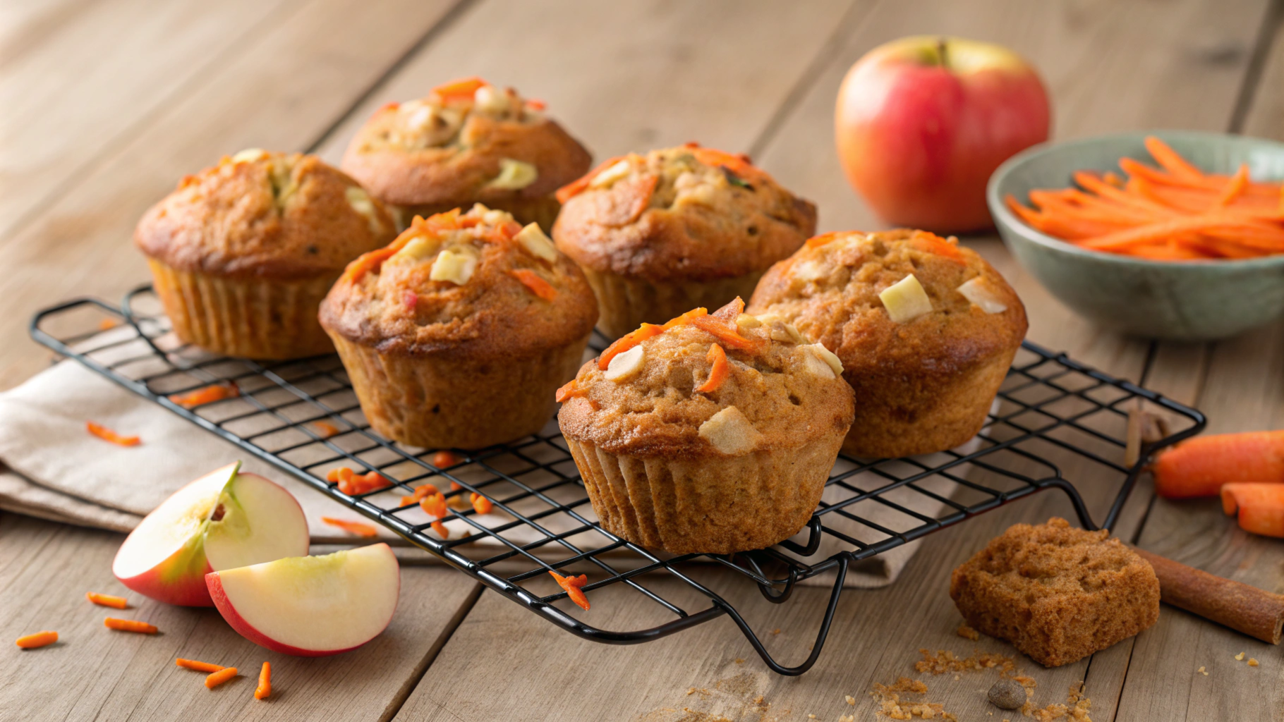 Freshly baked apple and carrot muffins on a cooling rack, with grated carrots, apple slices, and a rustic wooden table in the background.