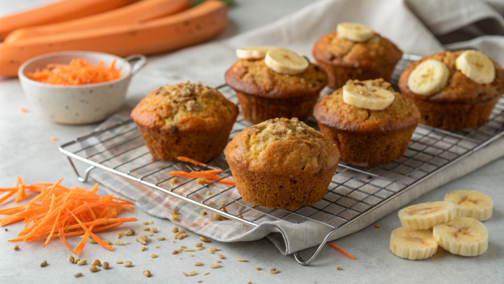 Freshly baked banana carrot muffins cooling on a wire rack, with visible grated carrots and ripe bananas nearby, highlighting their moist texture and golden-brown tops.