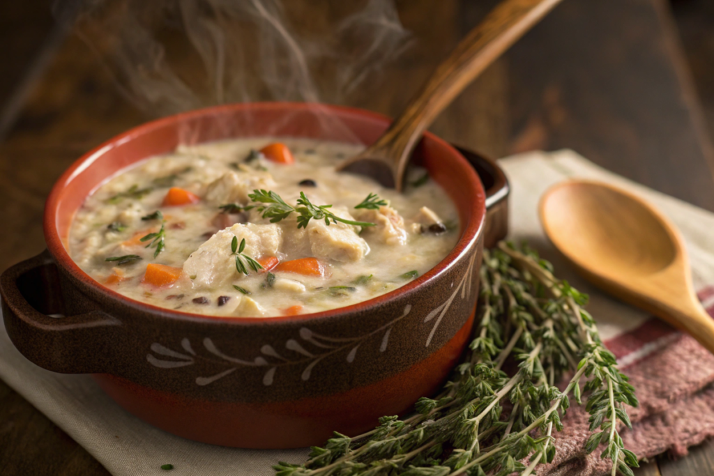 A comforting bowl of chicken and wild rice soup with tender chicken, vegetables, and wild rice in a creamy broth, garnished with fresh parsley.