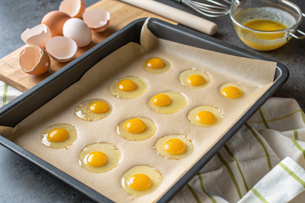  Baked eggs on a tray with golden yolks, sprinkled with cheese and herbs, served alongside avocado toast and salad greens.