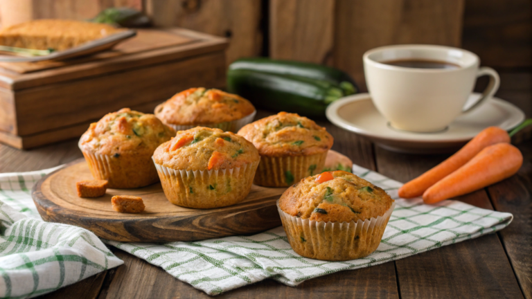 Freshly baked carrot zucchini muffins on a wooden table.