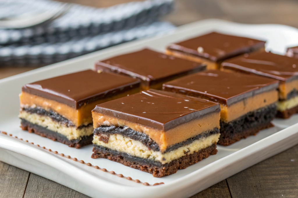 Simple Oreo caramel chocolate bars with a crushed Oreo base, gooey caramel layer, and rich chocolate topping, garnished with a drizzle of white chocolate.






