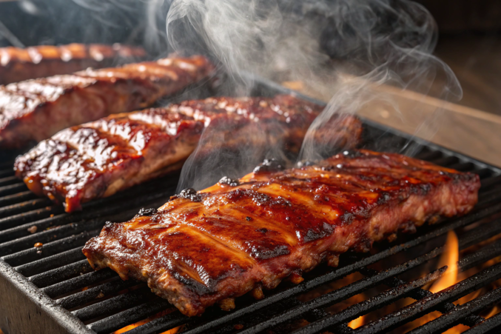 Sticky BBQ chicken ribs coated in tangy sauce, glistening under caramelization, garnished with fresh parsley and served on a rustic platter.