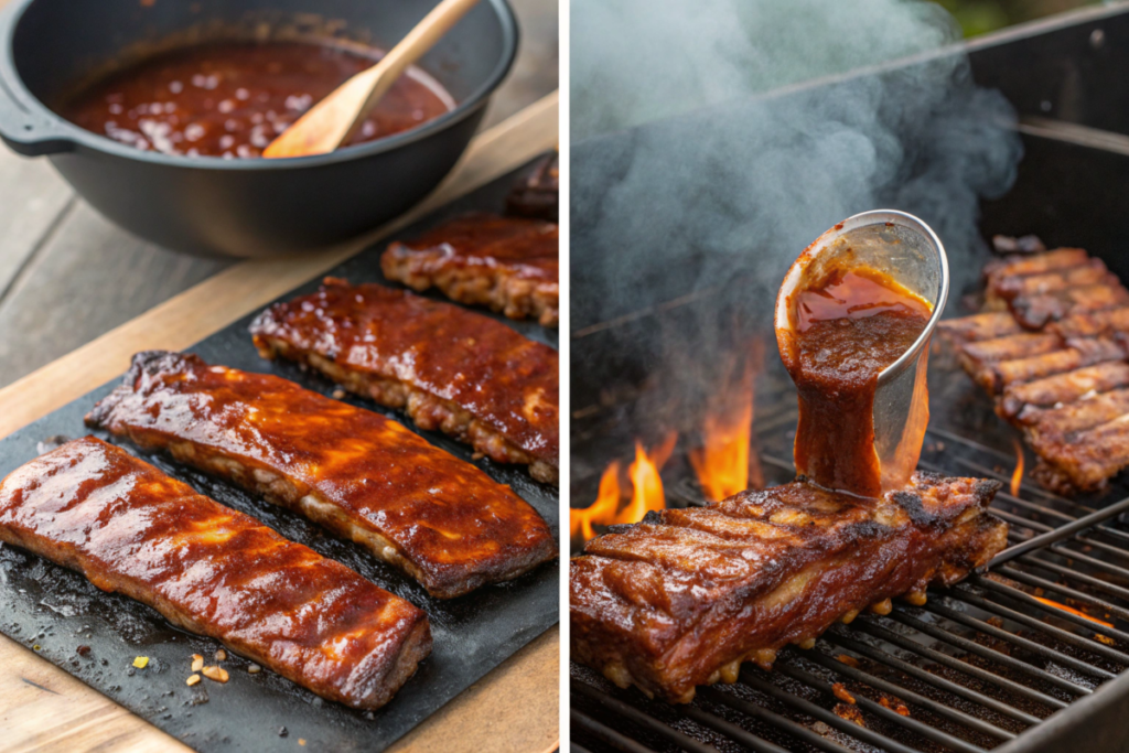 Sticky BBQ chicken ribs coated in tangy sauce, glistening under caramelization, garnished with fresh parsley and served on a rustic platter.






