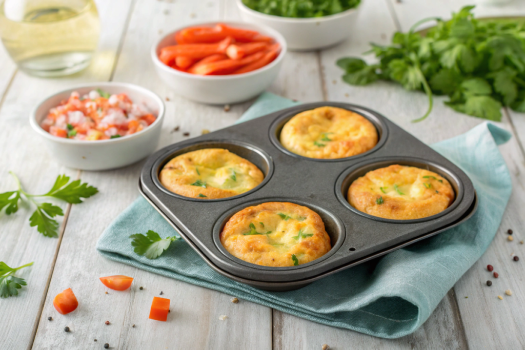 A cross-section of a baked frittata on a plate, featuring layers of colorful vegetables, cheese, and fluffy eggs. The background should display a cozy breakfast setting with a cup of coffee, napkin, and utensils, emphasizing a balanced morning meal.

