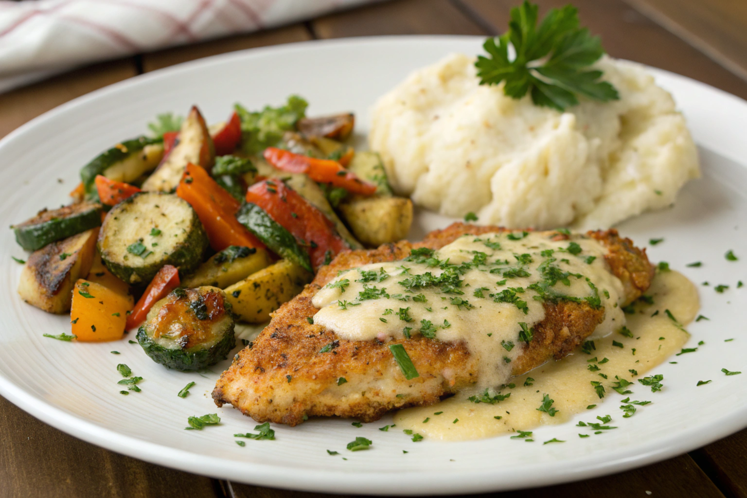 Golden-brown Longhorn Parmesan Crusted Chicken on a white plate, topped with melted cheese and breadcrumbs, served with roasted vegetables.