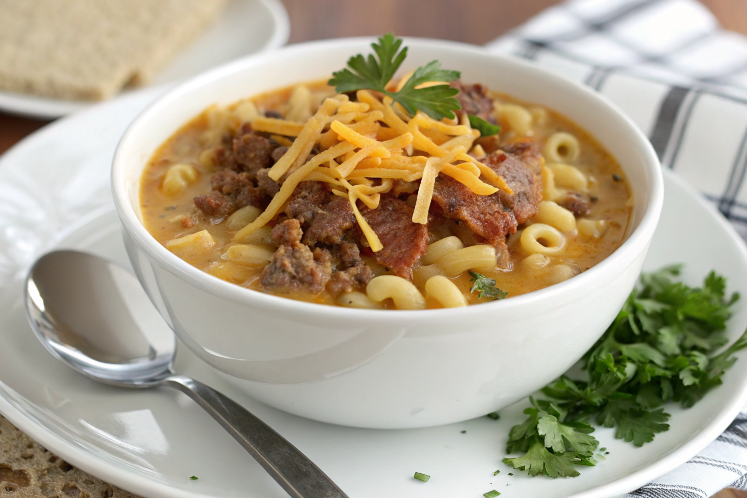 A hearty bowl of pot macaroni cheeseburger soup, featuring tender pasta, creamy cheese broth, and ground beef, garnished with shredded cheddar and bacon