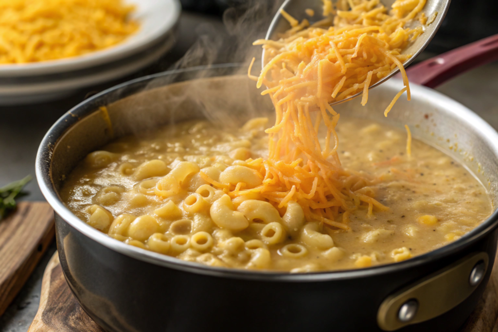 A hearty bowl of pot macaroni cheeseburger soup, featuring tender pasta, creamy cheese broth, and ground beef, garnished with shredded cheddar and bacon